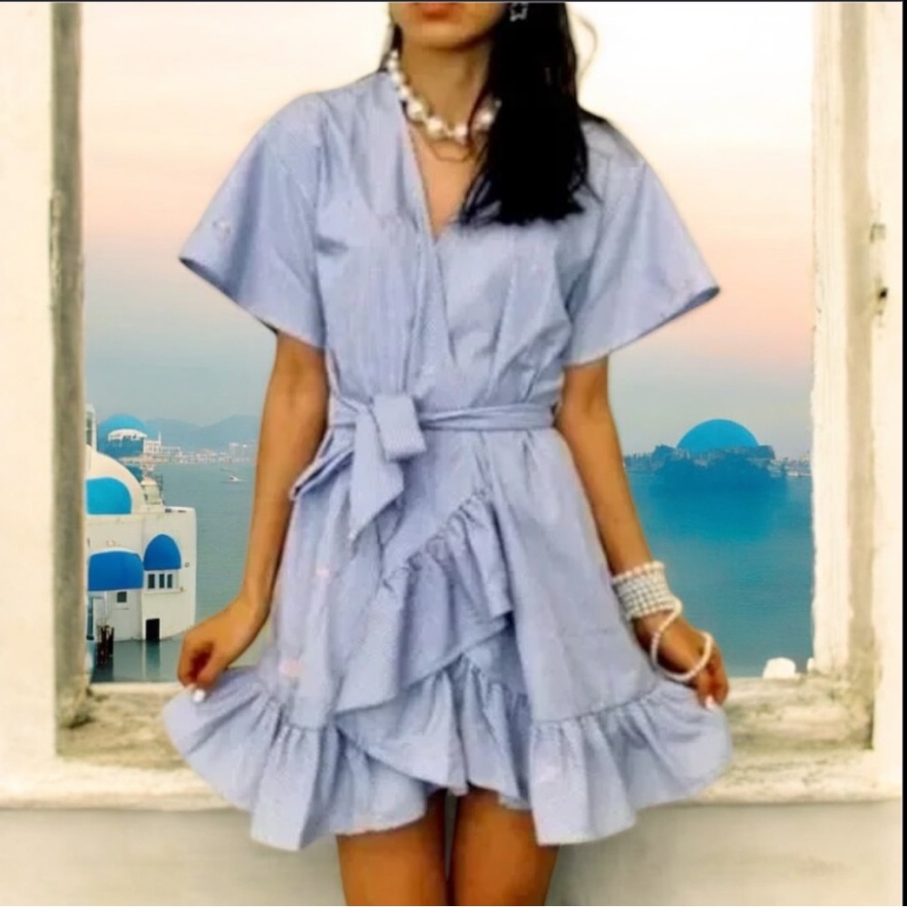 Romeo and Juliet Couture Women’s Dress Blue Striped Flamingo Embroidered Size M